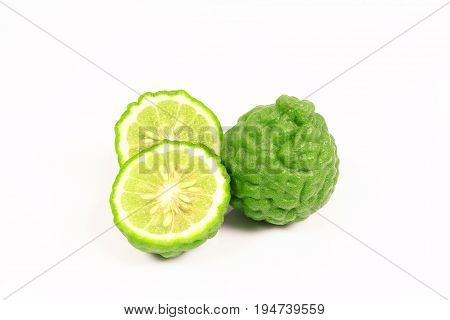 Kaffir lime and kaffir lime leaf on white background
