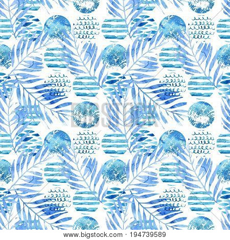 Abstract art illustration in marine style with tropical elements. Geometrical wavy striped circles watercolor palm leaves seamless pattern. Hand painted background