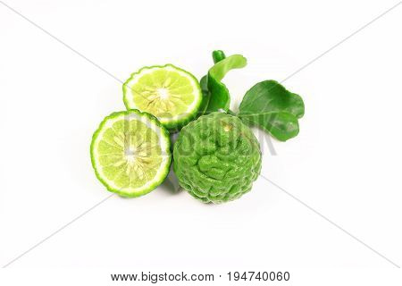 Kaffir lime and kaffir lime leaf on white background
