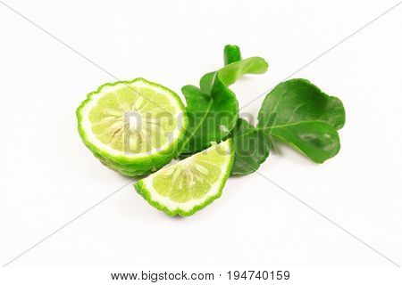 Kaffir lime and kaffir lime leaf on white background