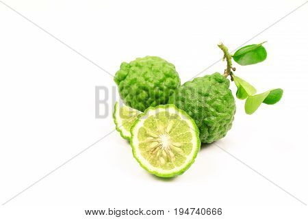 Kaffir lime and kaffir lime leaf on white background
