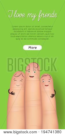 Happy friendship day finger card. Ideas and inspiration for dearest person message. Flat style vector realistic illustration on green background