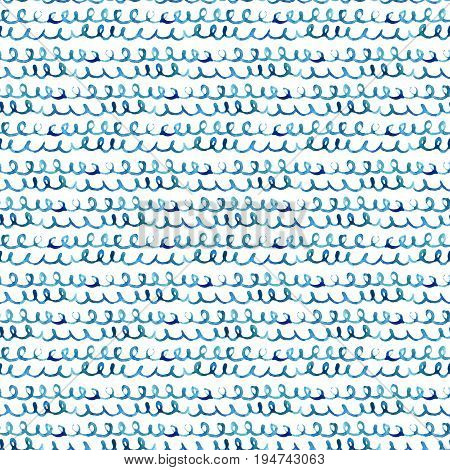 Watercolor textured waved stripes seamless pattern. Abstract scrawl background in marine style. Hand painted water color brush stroke illustration