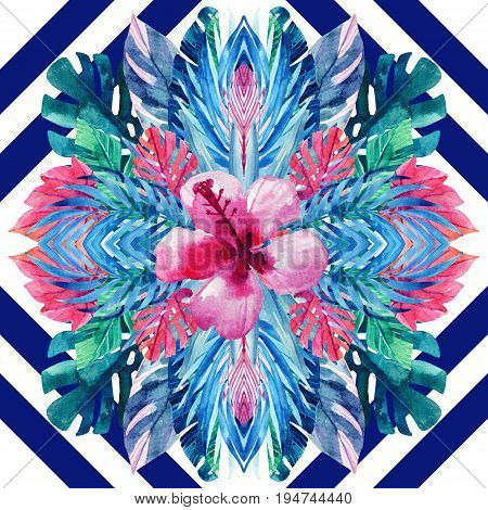 Watercolor tropical leaves symmetric arrangement on geometrical background. Symmetrical mirrored water color exotic floral seamless pattern. Hand painted colorful natural illustration