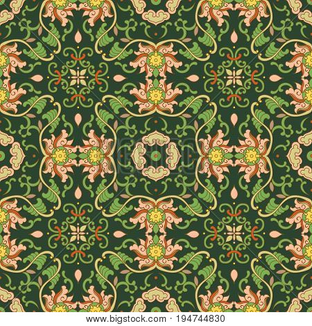 Seamless Background Asian Botanic Garden Spiral Curve Vine Leaf Flower Chintz