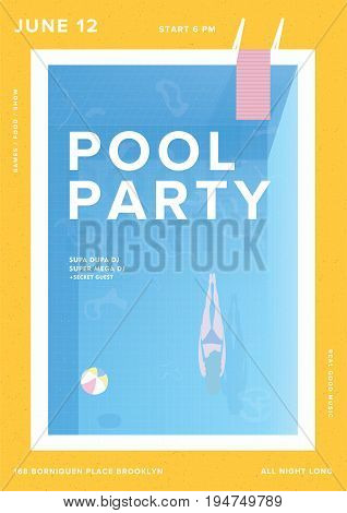 Pool party vertical poster. Open-air summer event placard. Colorful vector illustration