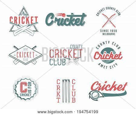 Set of retro cricket sports template logo designs. Use as icons, badges, label, emblems or print. illustration sport championship. Isolated on white background.
