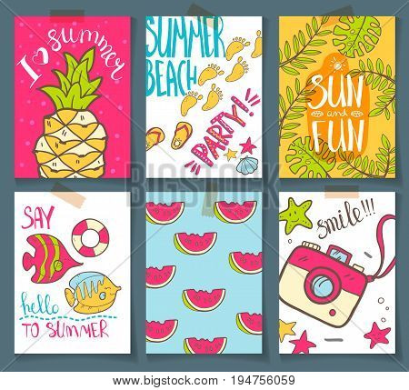 Vector collection of summer cards. Grettings and invintations. Hello, summer. Beach party. Smile. Pop art retro style. Bright colors.