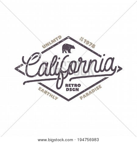 Summer California label with bear and typography elements. Retro surf style for t-shirts, emblems, mugs, apparel design, clothing and other identity. Stock vector isolated on white background.