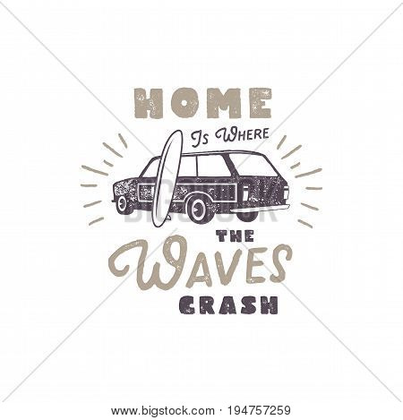 Summer label with retro surf car, surfboard and typography elements. Vintage beach style for t-shirts, emblems, mugs, apparel design, clothing and other identity. Stock vector isolated on white