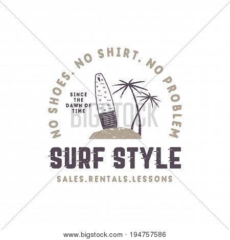 Surf style vintage label. Summer surfing style emblem with surfboard, tropical palms and typography elements. Use for t-shirts, clothing print, other brand identity. Stock vector isolated on white.