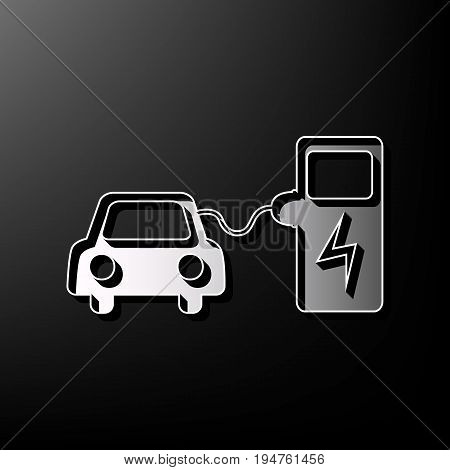 Electric car battery charging sign. Vector. Gray 3d printed icon on black background.