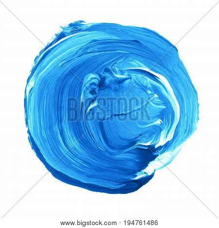 Acrylic Circle Isolated On White Background. Bright Blue Round Watercolor Shape For Text. Element Fo