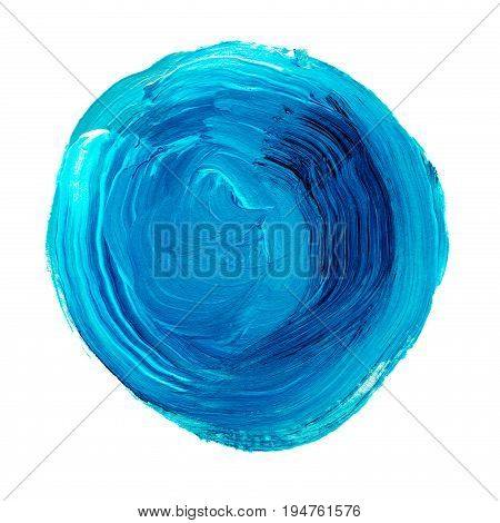 Acrylic Circle Isolated On White Background. Bright Blue Round Watercolor Shape For Text. Element Fo