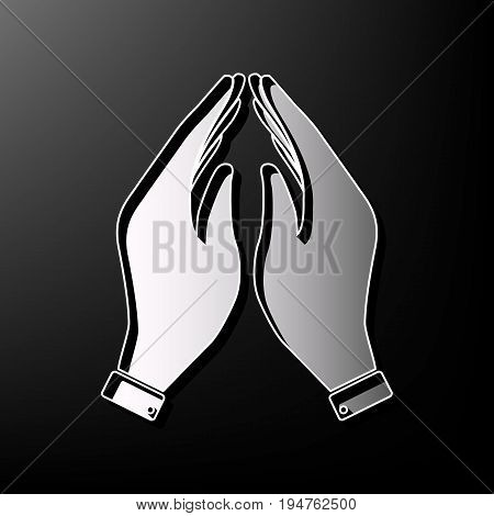 Hand icon illustration. Prayer symbol. Vector. Gray 3d printed icon on black background.