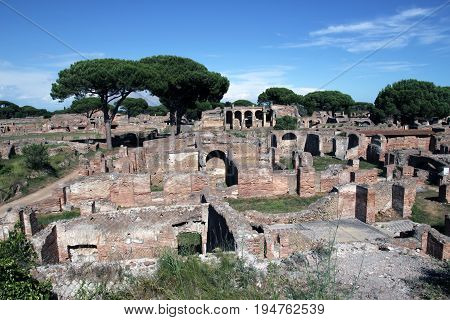 OSTIA ANTCA ITALY - JULY 2 2017: remains of Ancient Ostia town built on both the sea and the Tiber river near Rome this special position determined its relevance.