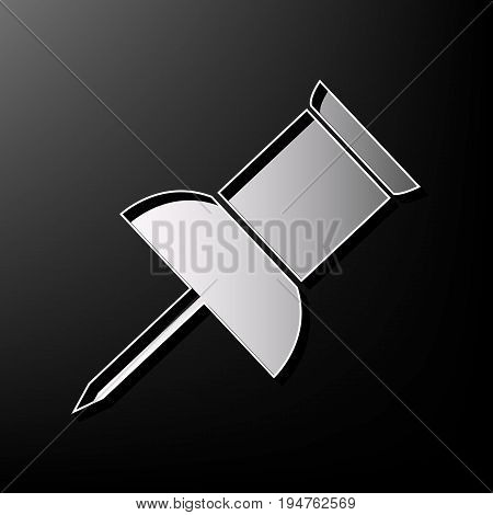 Pin push sign. Vector. Gray 3d printed icon on black background.