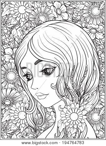 A young beautiful girl with a wreath of flowers on her head. Against the background of a flower pattern. Outline hand drawing coloring page for adult coloring book.