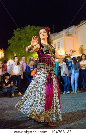 ELVAS PORTUGAL. JUNEL 30 2017: Belly dancer in the medieval festival in Elvas.