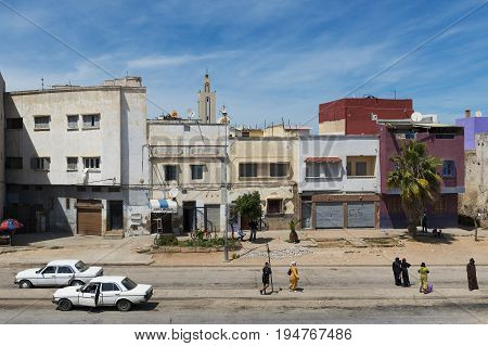 El Jadida Morocco - April 16 2016: People in a street of the town of El Jadida in the Atlantic Coast of Morocco North Africa
