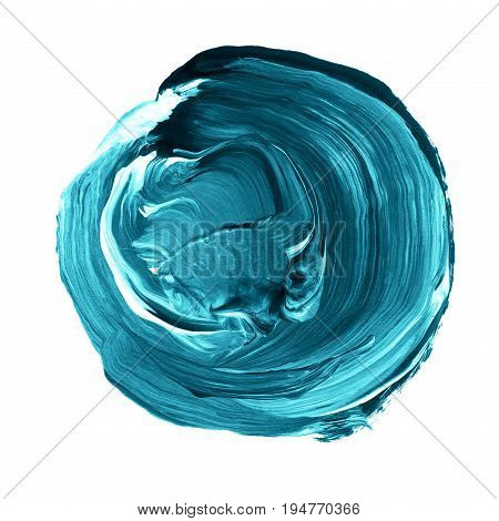 Acrylic Circle Isolated On White Background. Blue, Mint Round Watercolor Shape For Text. Element For