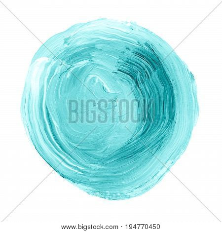 Acrylic Circle Isolated On White Background. Blue, Mint Round Watercolor Shape For Text. Element For