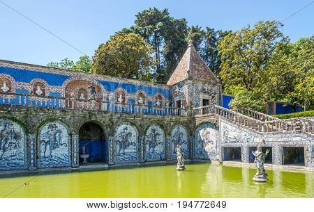 LISBON,PORTUGAL - MAY 17,2017 - Azulejo decoration in area Palace Marquesses of Fronteira in Lisbon. Lisbon is the capital of Portugal.