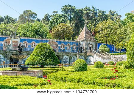LISBON,PORTUGAL - MAY 17,2017 - Garden and Azulejo decoration in Palace of Marquesses of Fronteira in Lisbon. Lisbon is the capital of Portugal.