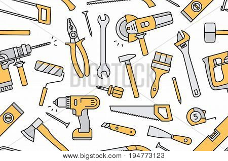 Building tools outlined colorful seamless pattern on white background