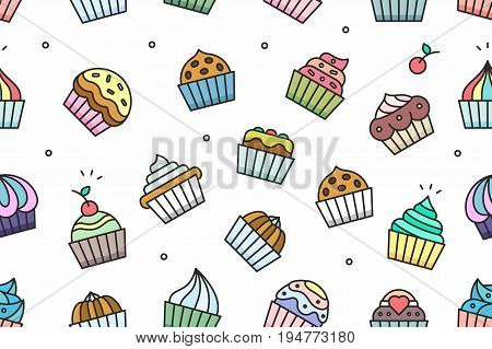 Cupcakes outlined colorful seamless pattern on white background