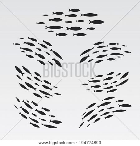 Set silhouettes of groups of sea fishes. Colony of small fish. Icon.