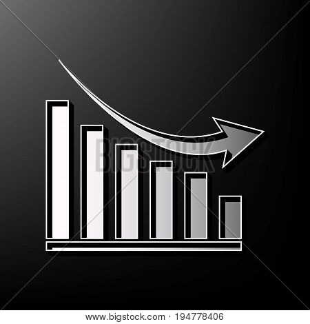 Declining graph sign. Vector. Gray 3d printed icon on black background.