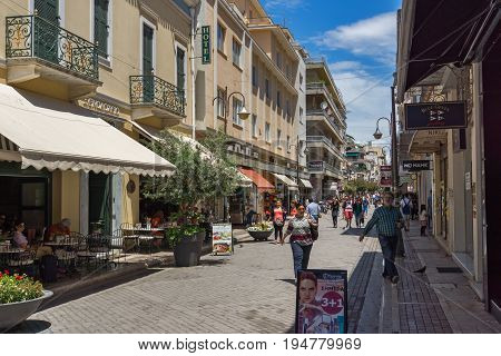 PATRAS, GREECE MAY 28, 2015: Typical street in Patras, Peloponnese, Western Greece