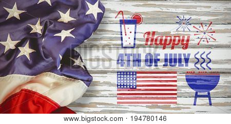 Digitally generated image of Independence day decoration with text  against wood background