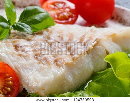 Close up view of grilled codfish with basil and cherry tomatoes in trendy white plate.