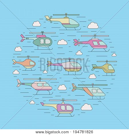 Helicopters in the sky outline circle vector illustration. Clean and simple design.