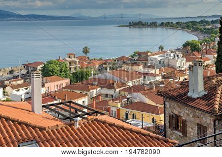 NAFPAKTOS, GREECE - MAY 28, 2015: Amazing Panoramic view of Nafpaktos town, Western Greece