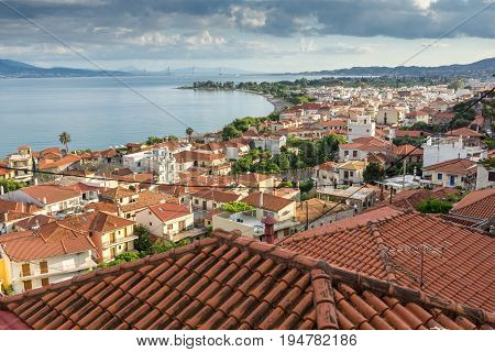 NAFPAKTOS, GREECE - MAY 28, 2015: Amazing Panoramic view of Nafpaktos town, Western Greece