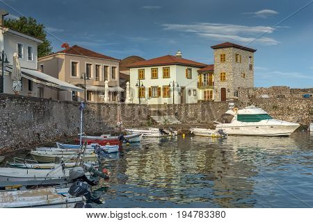 NAFPAKTOS, GREECE - MAY 28, 2015: Sunset panorama of Fortification at the port of Nafpaktos town, Western Greece