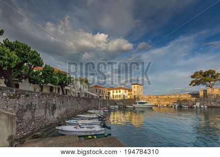 NAFPAKTOS, GREECE - MAY 28, 2015: Sunset panorama of Fortification at the port of Nafpaktos town, Western Greece