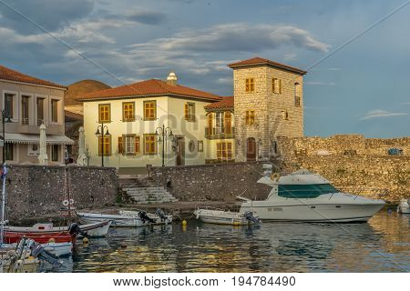 NAFPAKTOS, GREECE - MAY 28, 2015: Sunset panorama of Fortification at the port of Nafpaktos town, Western Greece