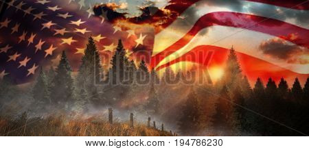 Low angle view of American flag on metal pole against country scene