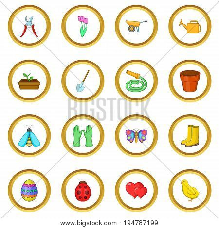 Spring icons circle gold in cartoon style isolate on white background vector illustration