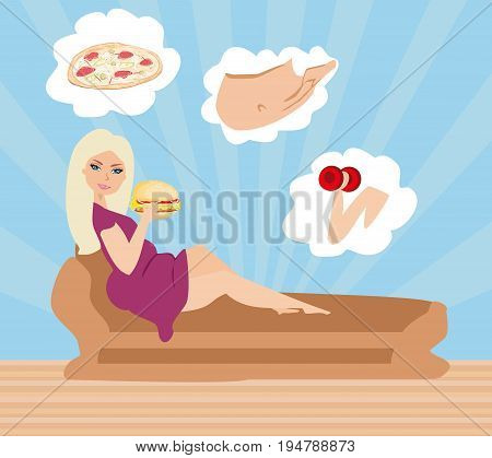 Fat girl eating hamburger , vector illustration