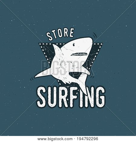 Surfing store emblem design. Shark on a triangle sheld. Retro rough style. Surfing logo template isolated on blue background. summer insignia.