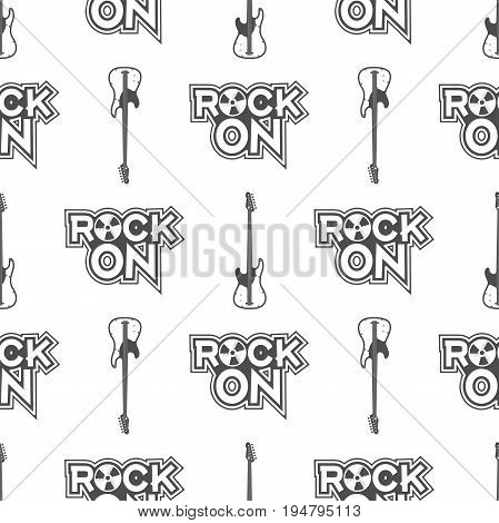 Rock guitar seamless background. Music vintage pattern design with retro guitar, typography sign. Stock vector isolated on white.