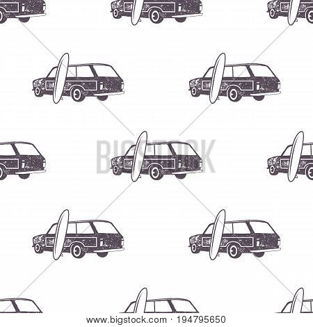 Surfing old style car pattern design. Summer seamless wallpaper with surfer van, surfboards. Monochrome combi car. Vector illustration. Use for fabric printing, web projects, t-shirts or tee designs