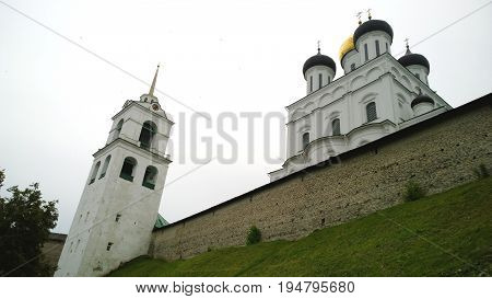 View of the Pskov Kremlin and its walls from the embankment of the river Pskova