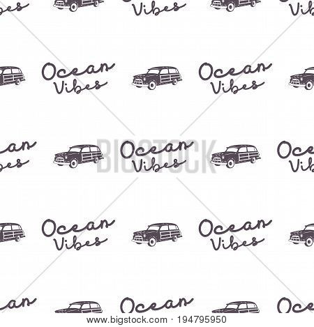 Surfing old style car pattern design. Summer seamless wallpaper with surfer van, ocean vibes typography sign. Monochrome combi car. Vector. For fabric printing, web projects, t-shirts or tee designs