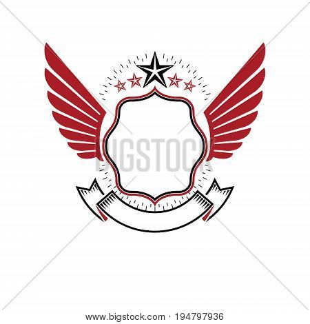 Graphic winged emblem created using pentagonal star and empty copy-space. Heraldic Coat of Arms vintage vector logo.